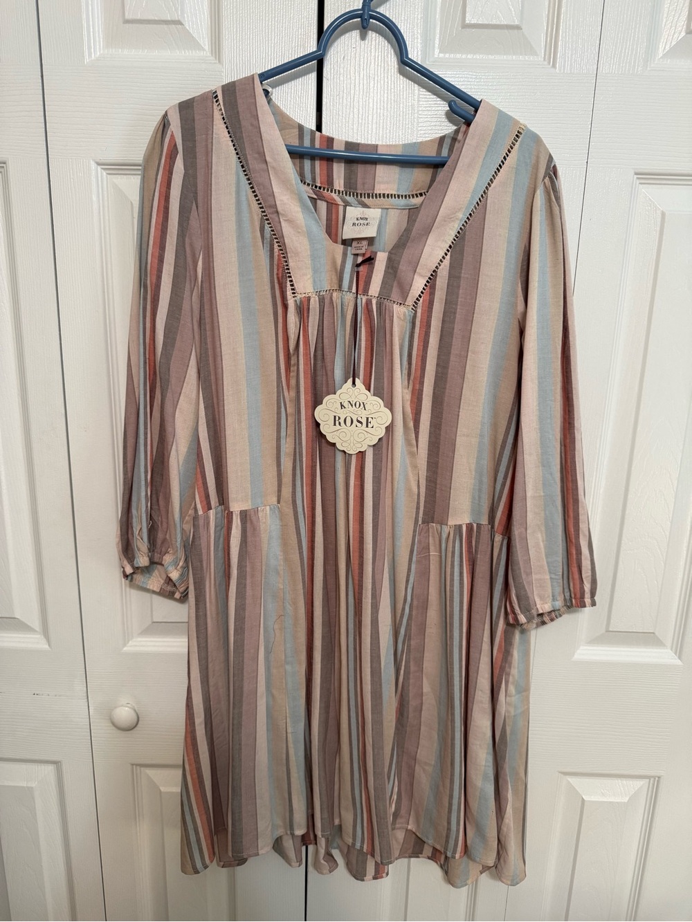 Knox Rose Striped Babydoll Dress in Muted Blue, Tan & Rust